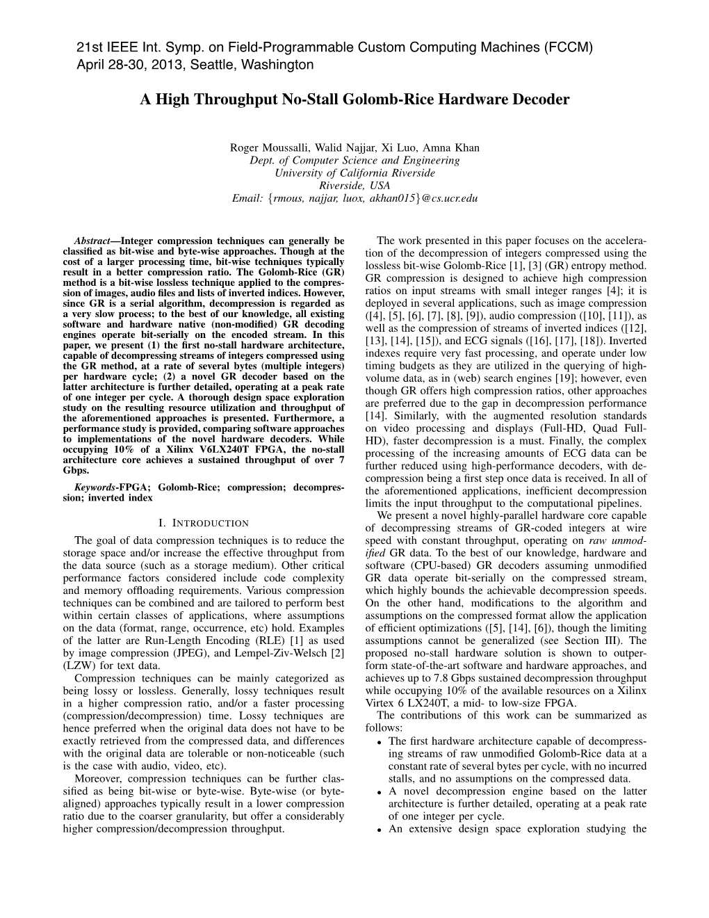 A High Throughput No-Stall Golomb-Rice Hardware Decoder