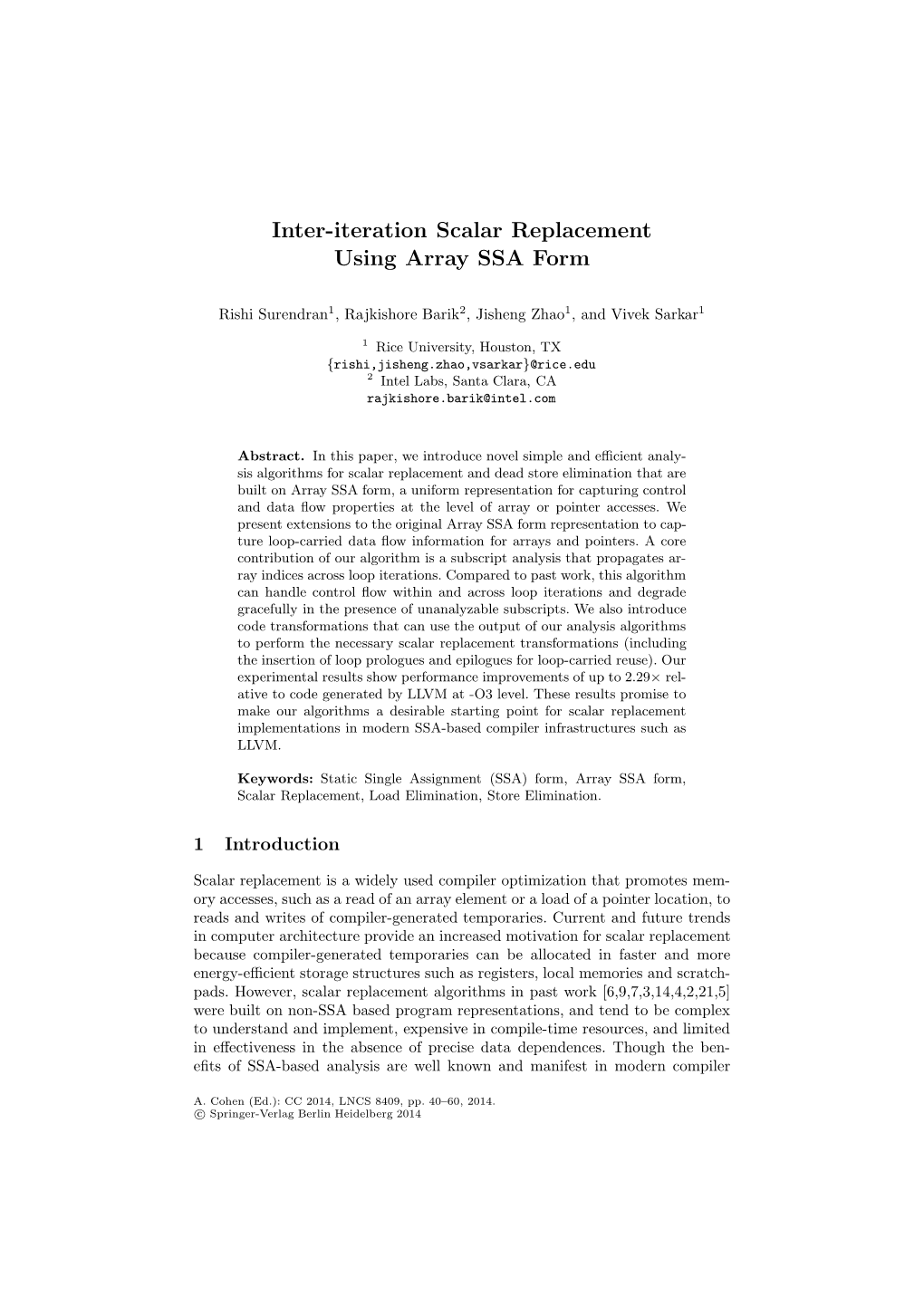 Inter-Iteration Scalar Replacement Using Array SSA Form