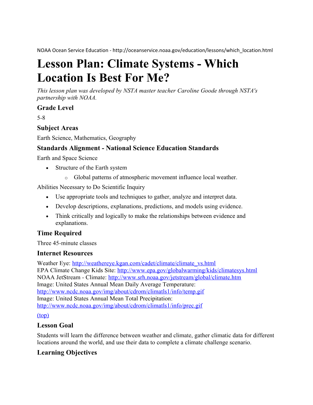 Lesson Plan: Climate Systems - Which Location Is Best for Me?