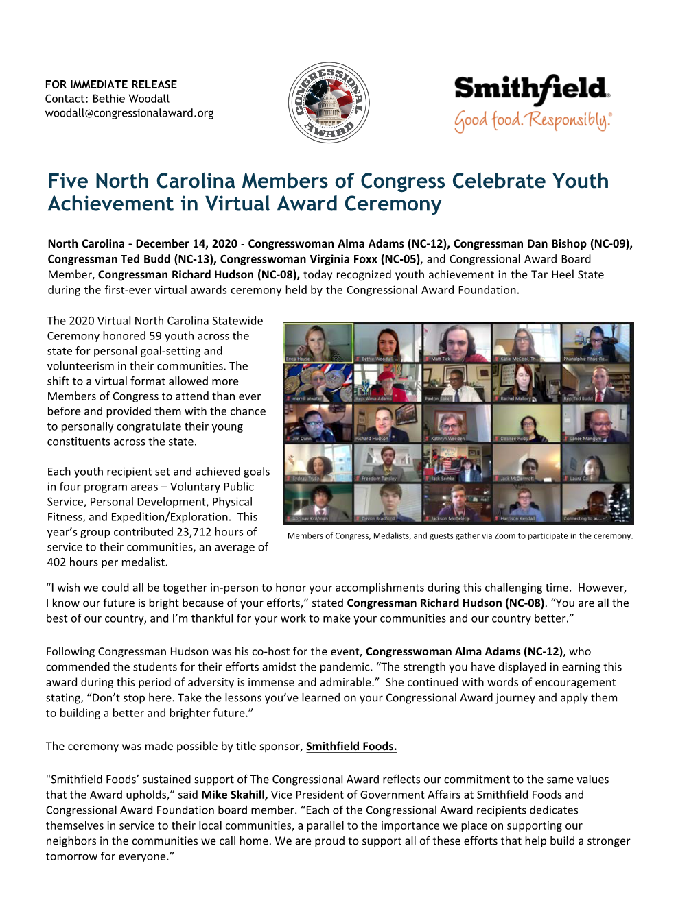 Five North Carolina Members of Congress Celebrate Youth Achievement in Virtual Award Ceremony