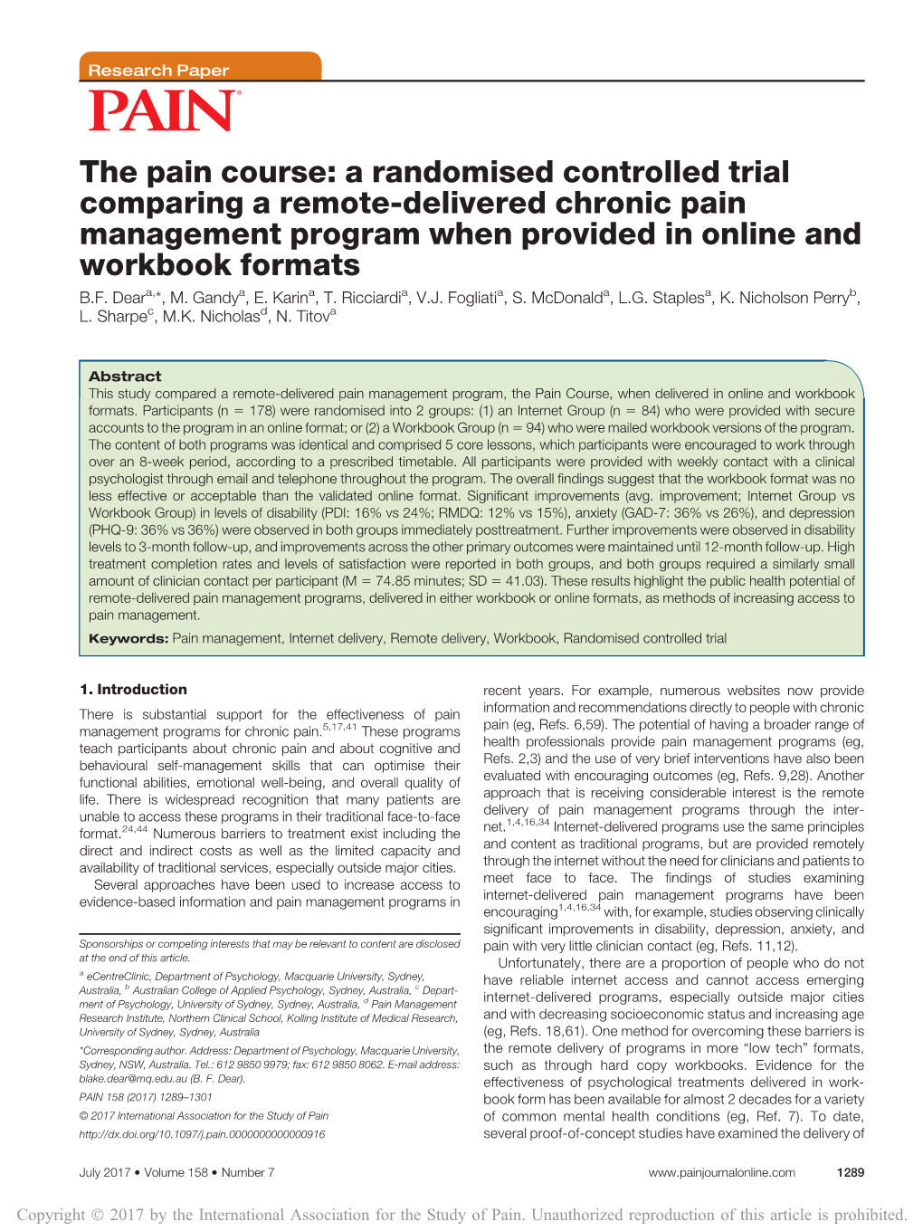 The Pain Course: a Randomised Controlled Trial Comparing a Remote-Delivered Chronic Pain Management Program When Provided in Online and Workbook Formats B.F