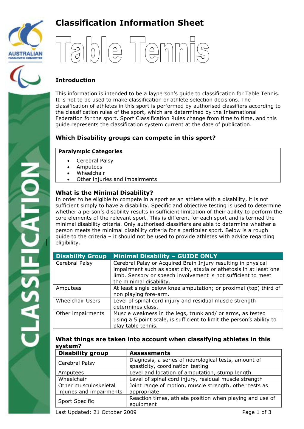 Classification Information Sheet