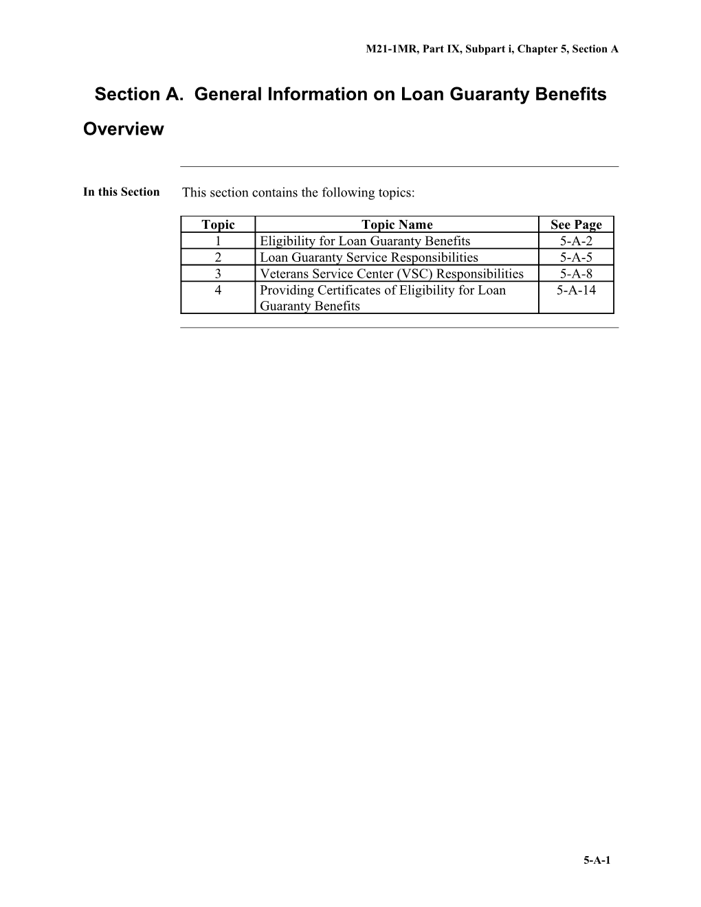 Part IX, Subpart I, Chapter 5, Section A. General Information on Loan Guaranty Benefits