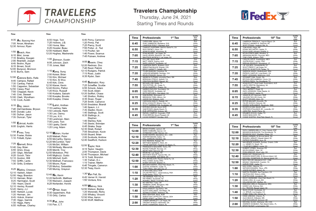 Travelers Championship Thursday, June 24, 2021 Starting Times and Rounds