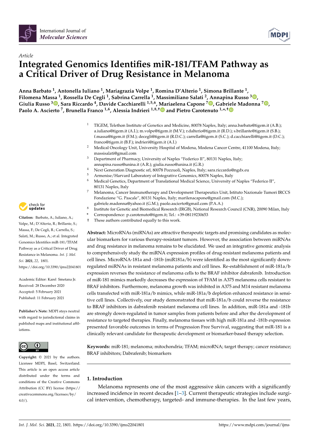 Integrated Genomics Identifies Mir-181/TFAM Pathway As