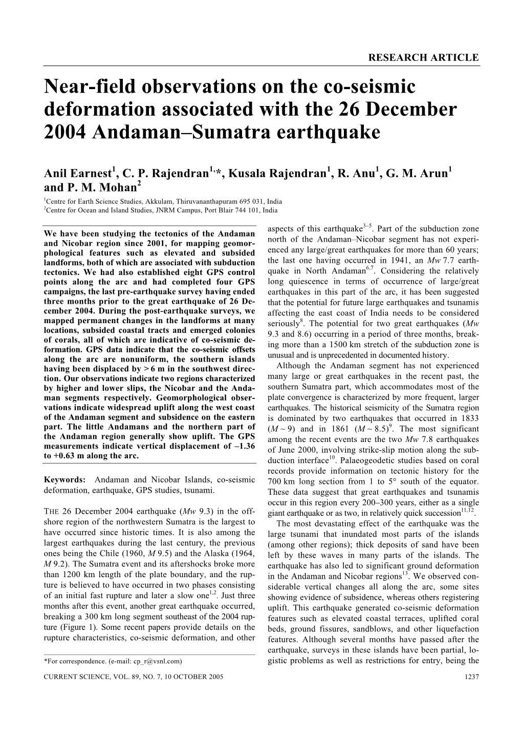 Near-Field Observations on the Co-Seismic Deformation Associated with the 26 December 2004 Andaman–Sumatra Earthquake