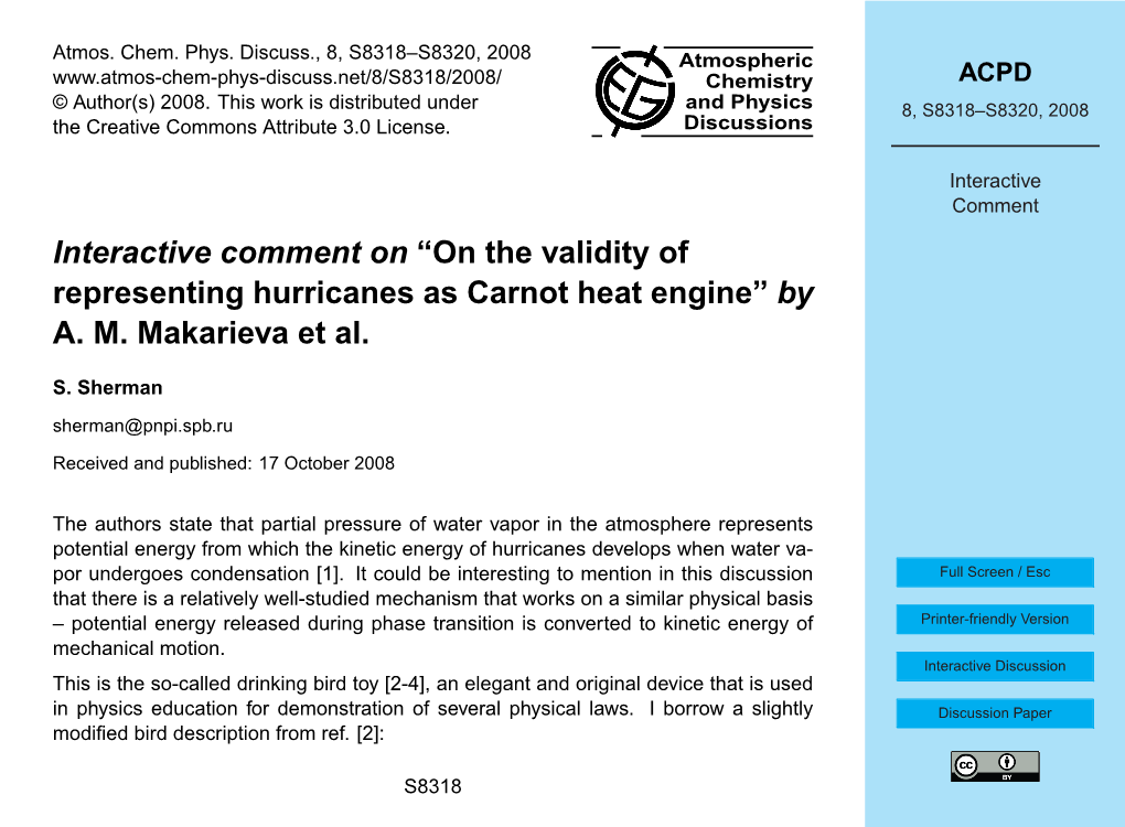 On the Validity of Representing Hurricanes As Carnot Heat Engine” by A