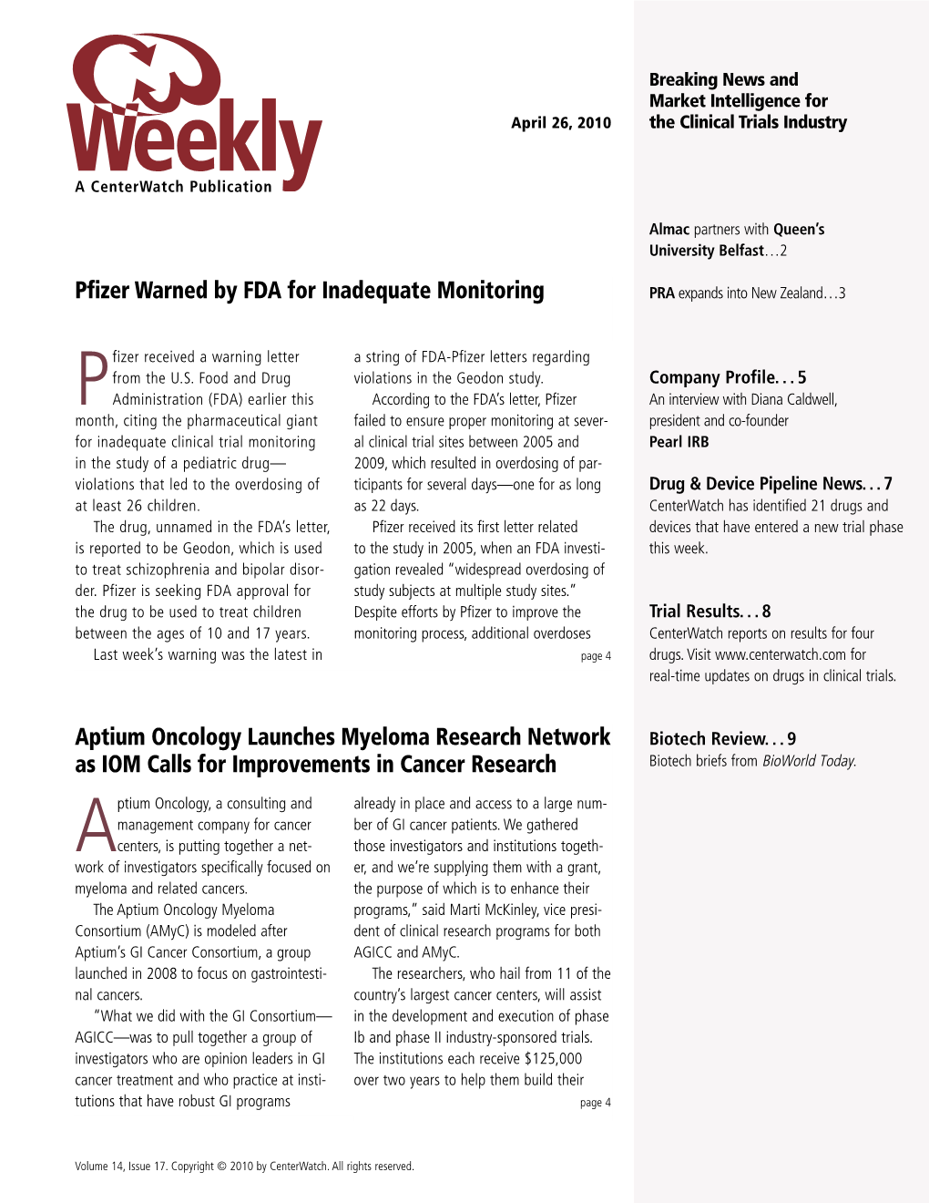 April 26 Issue of Centerwatch Weekly