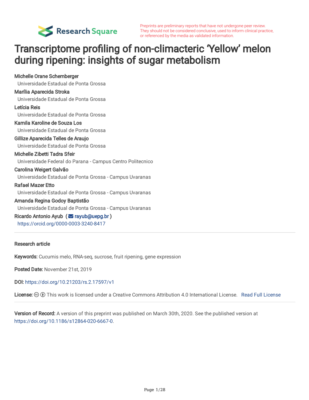 'Yellow' Melon During Ripening: Insights of Sugar Metabolism