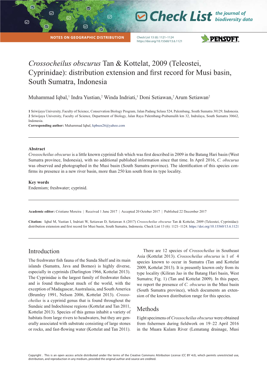 Crossocheilus Obscurus Tan & Kottelat, 2009 (Teleostei, Cyprinidae)