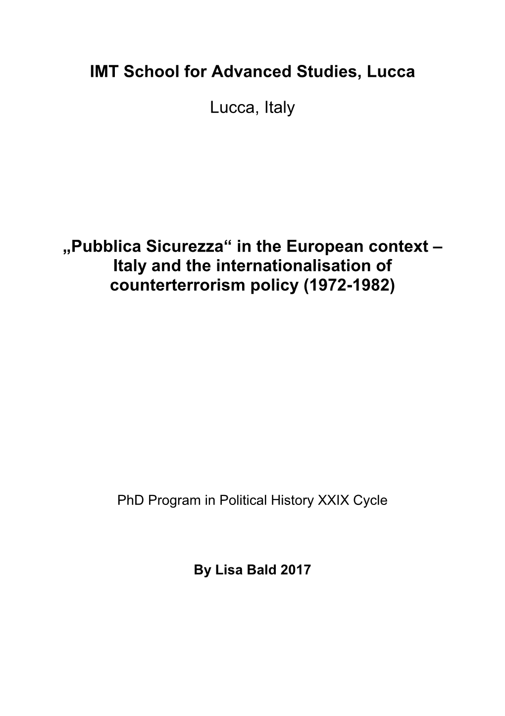 „Pubblica Sicurezza“ in the European Context – Italy and the Internationalisation of Counterterrorism Policy (1972-1982)