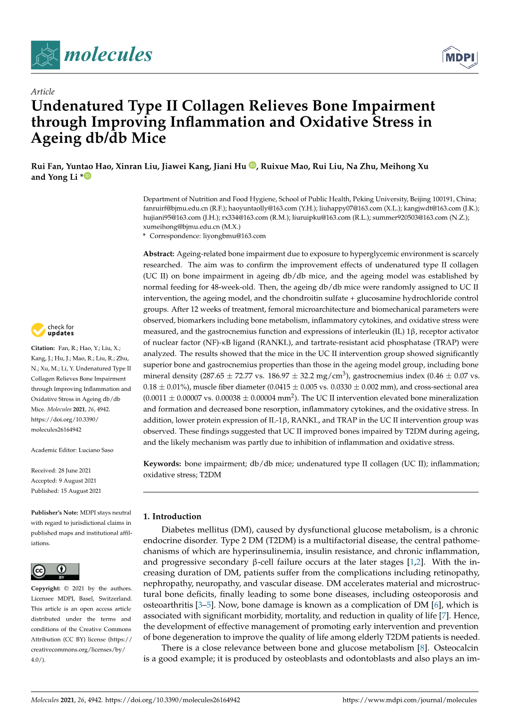 Undenatured Type II Collagen Relieves Bone Impairment Through Improving Inﬂammation and Oxidative Stress in Ageing Db/Db Mice