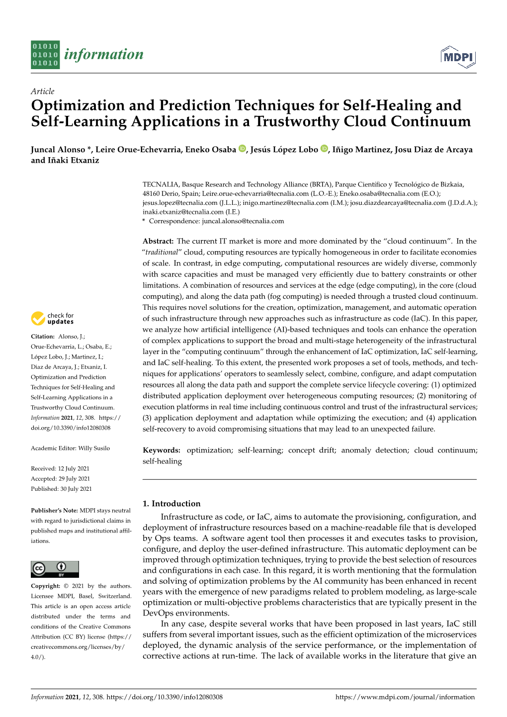 Optimization and Prediction Techniques for Self-Healing and Self-Learning Applications in a Trustworthy Cloud Continuum