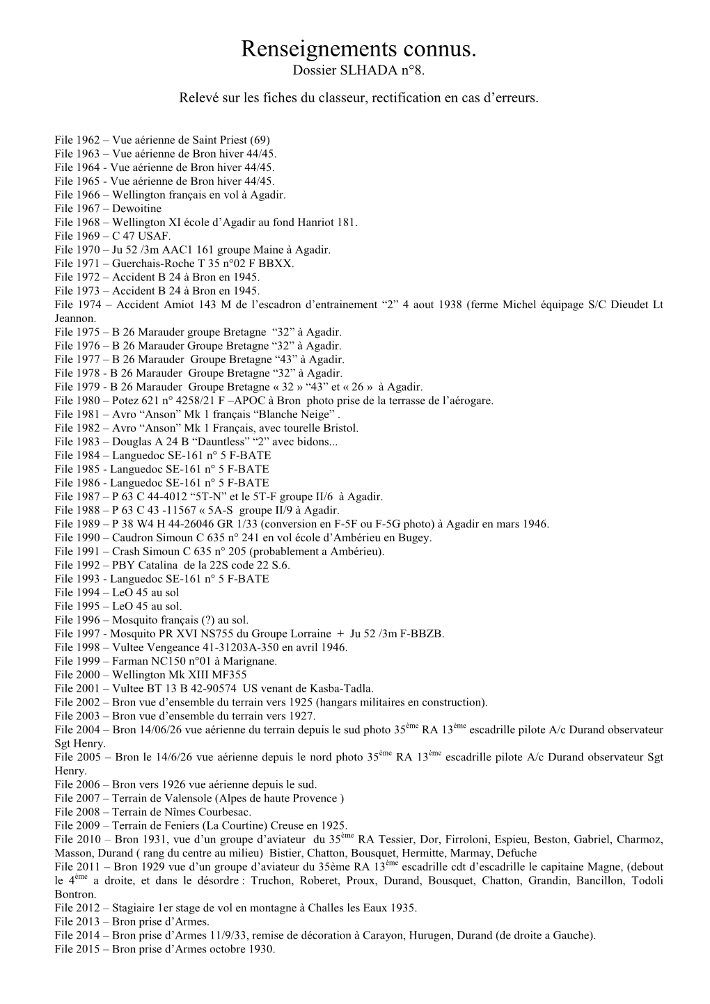 Renseignements Connus. Dossier SLHADA N°8