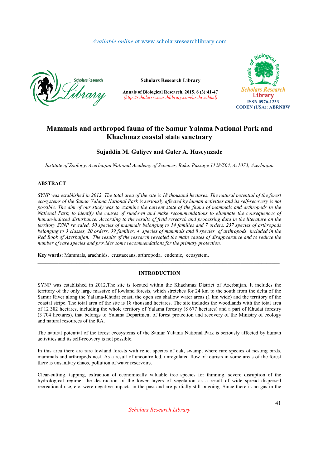 Mammals and Arthropod Fauna of the Samur Yalama National Park and Khachmaz Coastal State Sanctuary