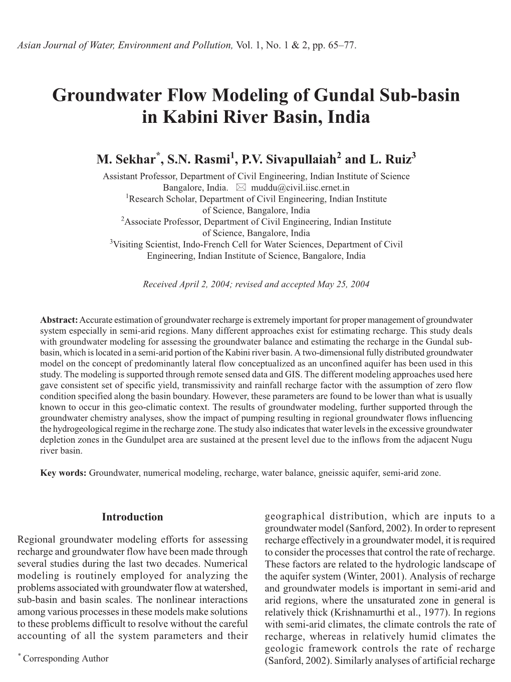 Groundwater Flow Modeling of Gundal Sub-Basin in Kabini River Basin, India
