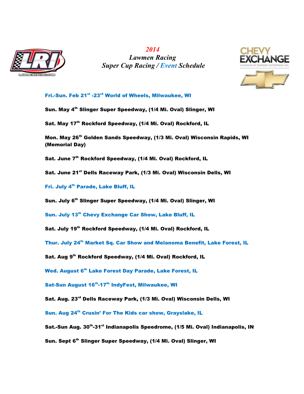 Super Cup Racing / Event Schedule