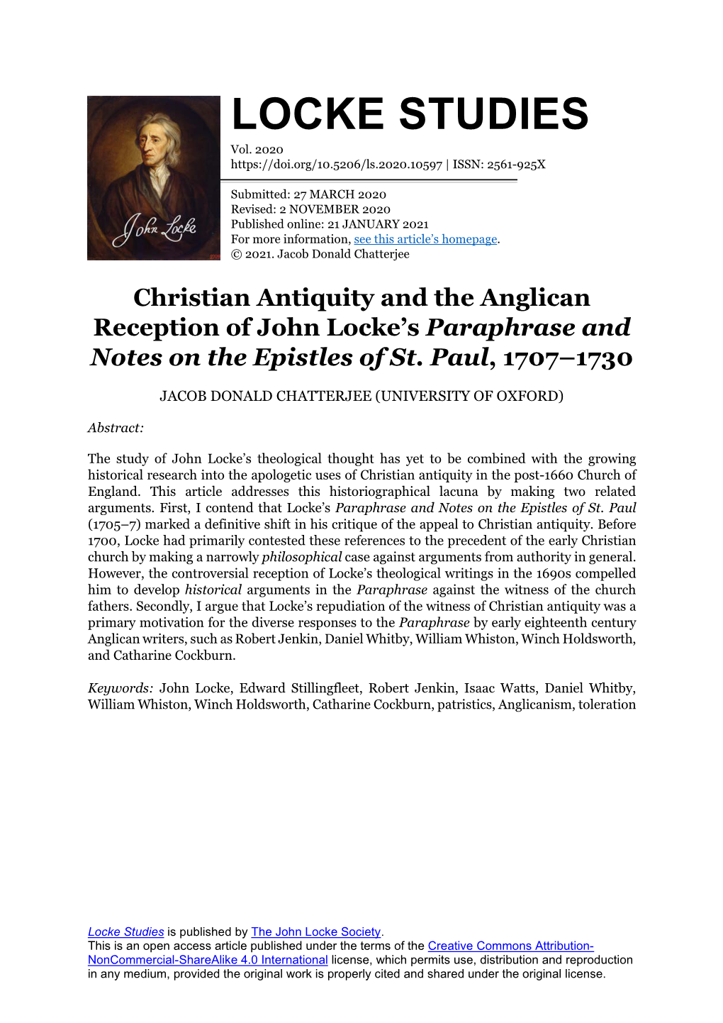 Christian Antiquity and the Anglican Reception of John Locke’S Paraphrase and Notes on the Epistles of St