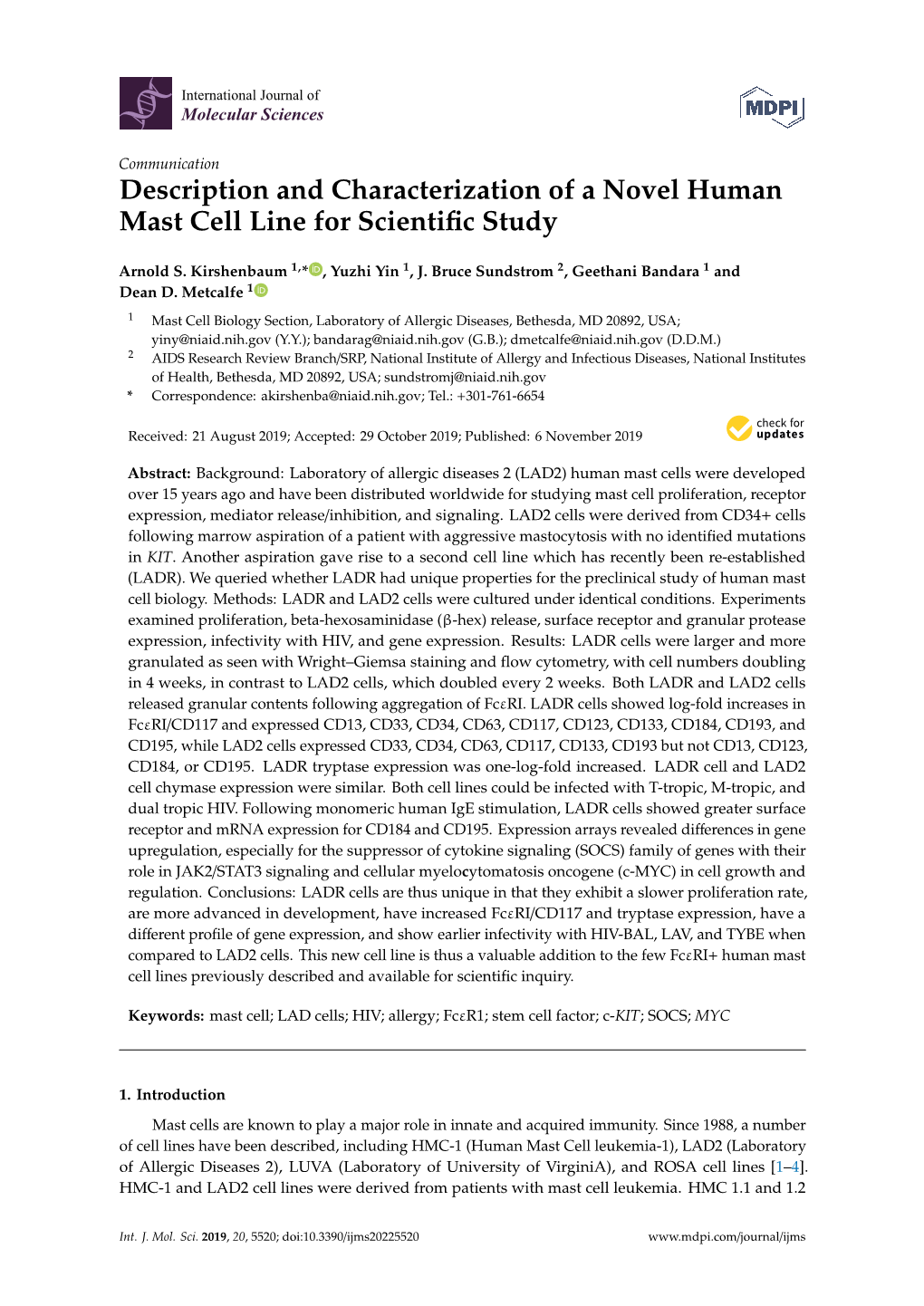 Description and Characterization of a Novel Human Mast Cell Line for Scientiﬁc Study