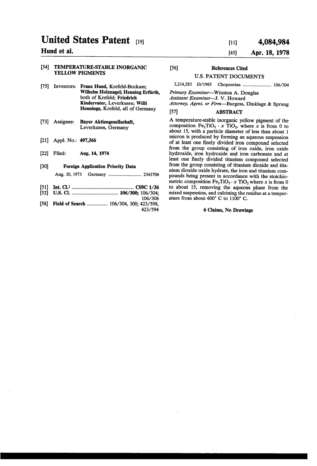 United States Patent (19) 11) 4,084,984 Hund Et Al