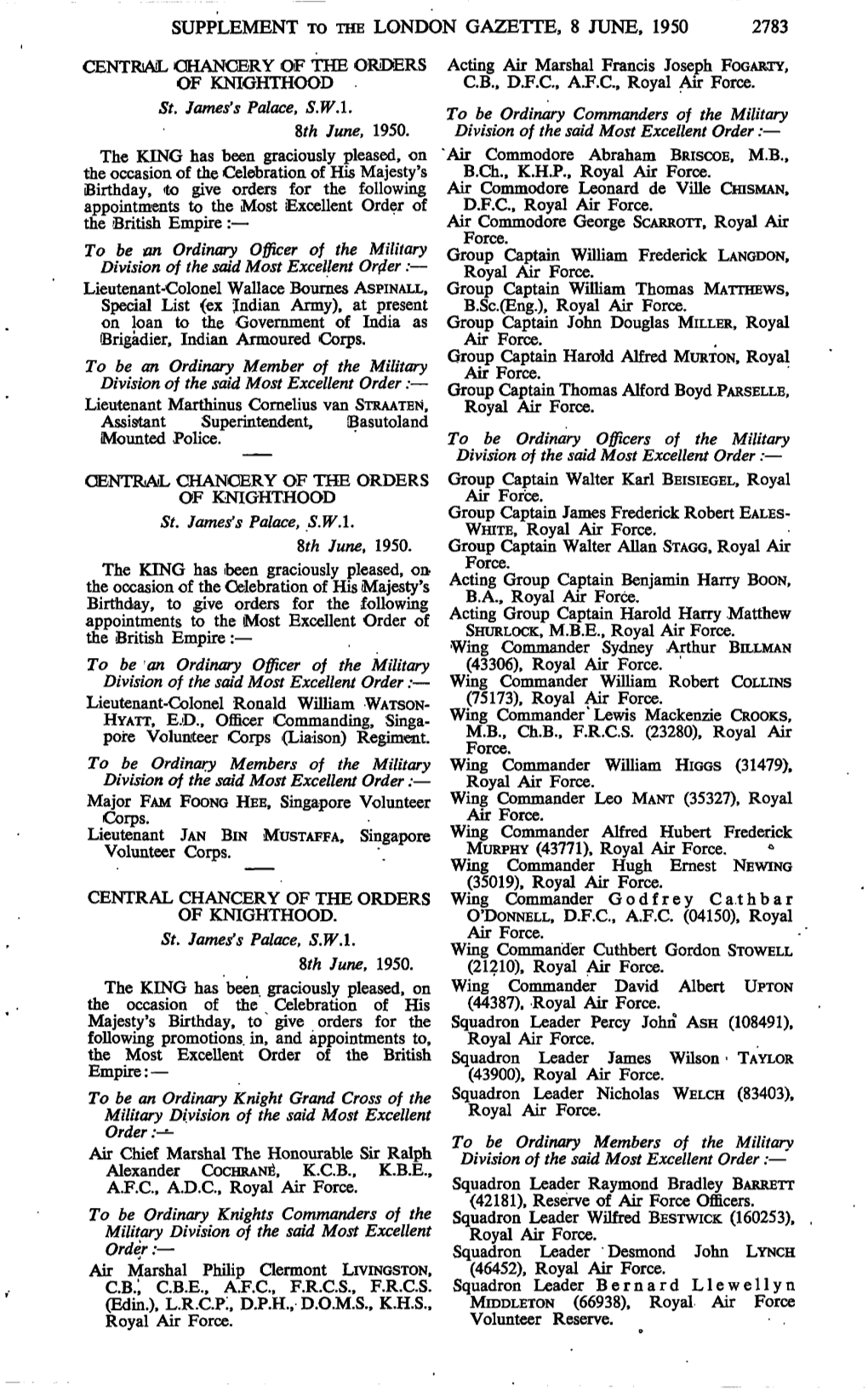 Supplement to the London Gazette, 8 June, 1950 2783