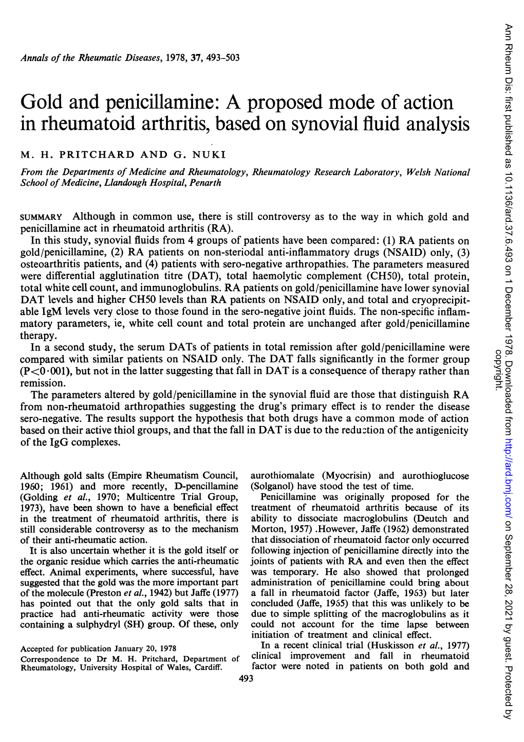 Gold and Penicillamine: a Proposed Mode of Action in Rheumatoid Arthritis, Based on Synovial Fluid Analysis