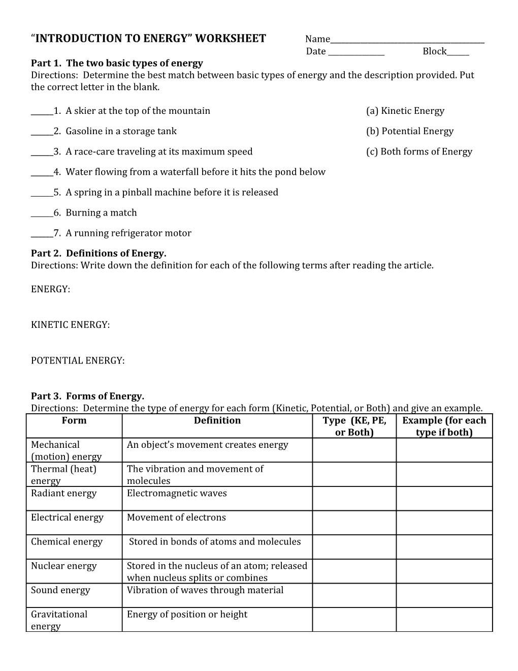 “Introduction To Energy” Worksheet