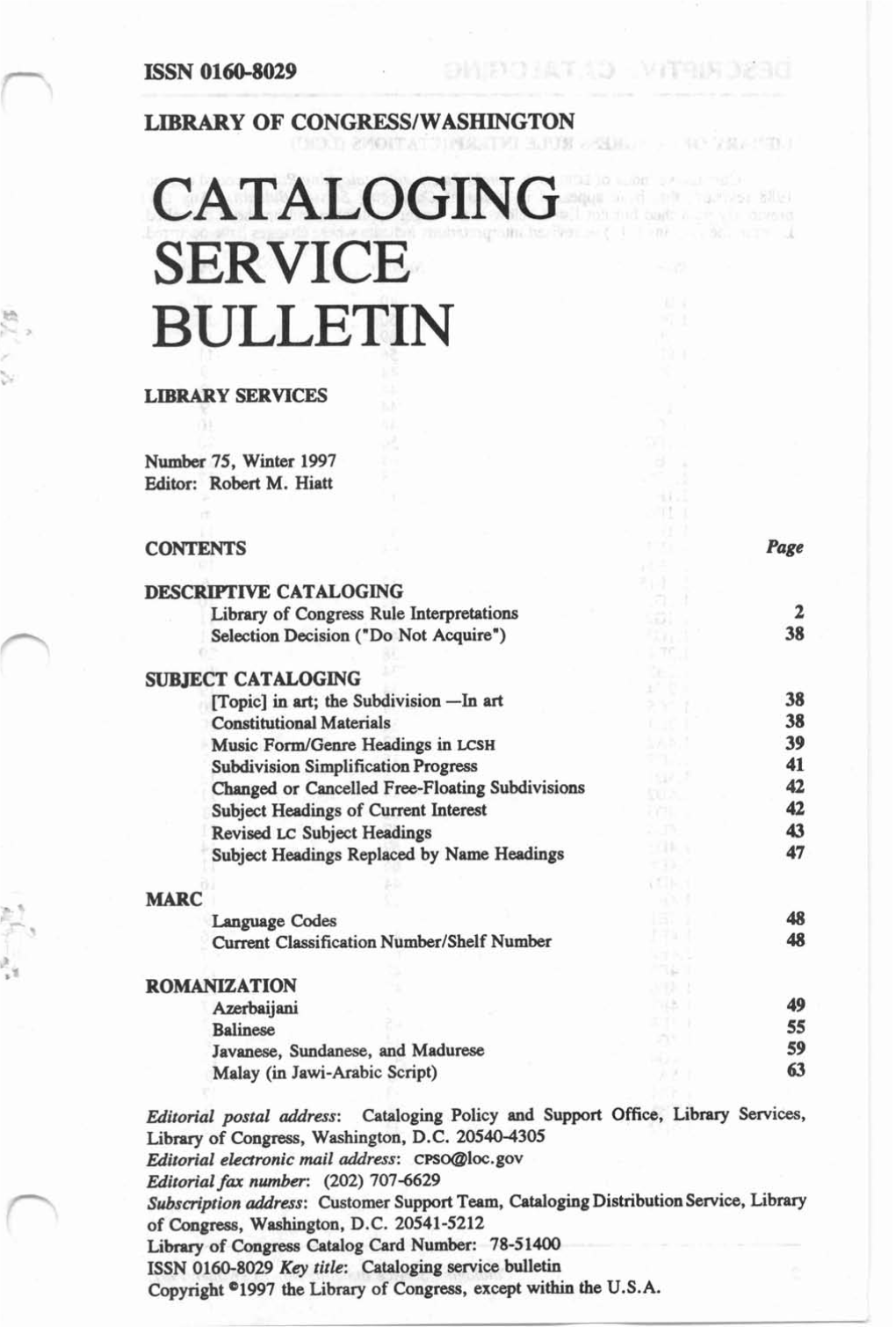 Cataloging Service Bulletin 075, Winter 1997