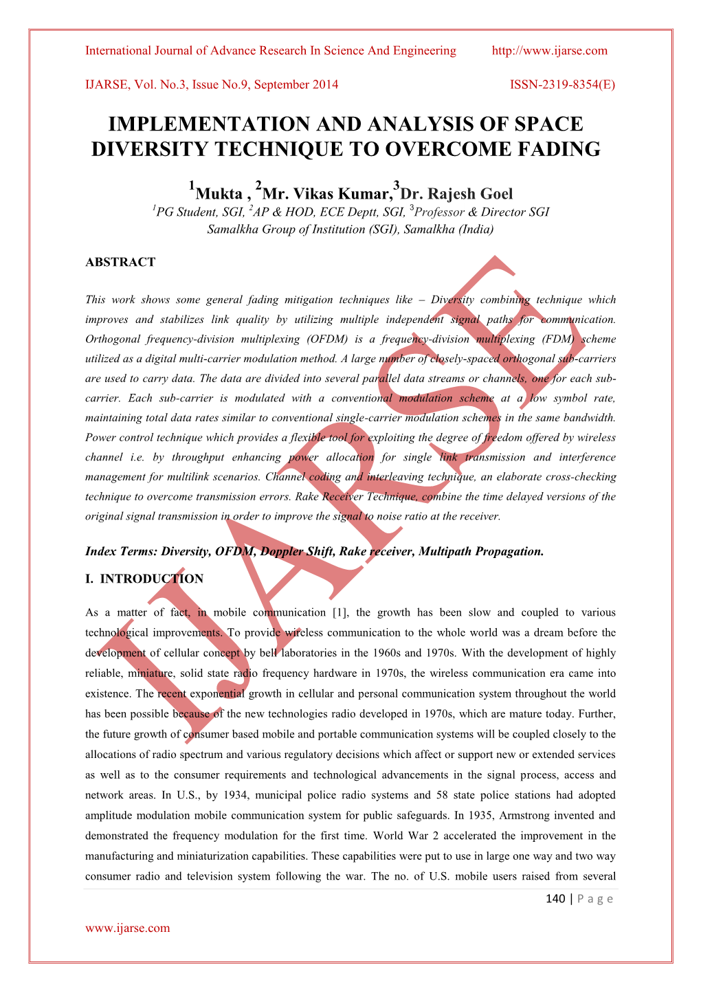 Implementation and Analysis of Space Diversity Technique to Overcome Fading