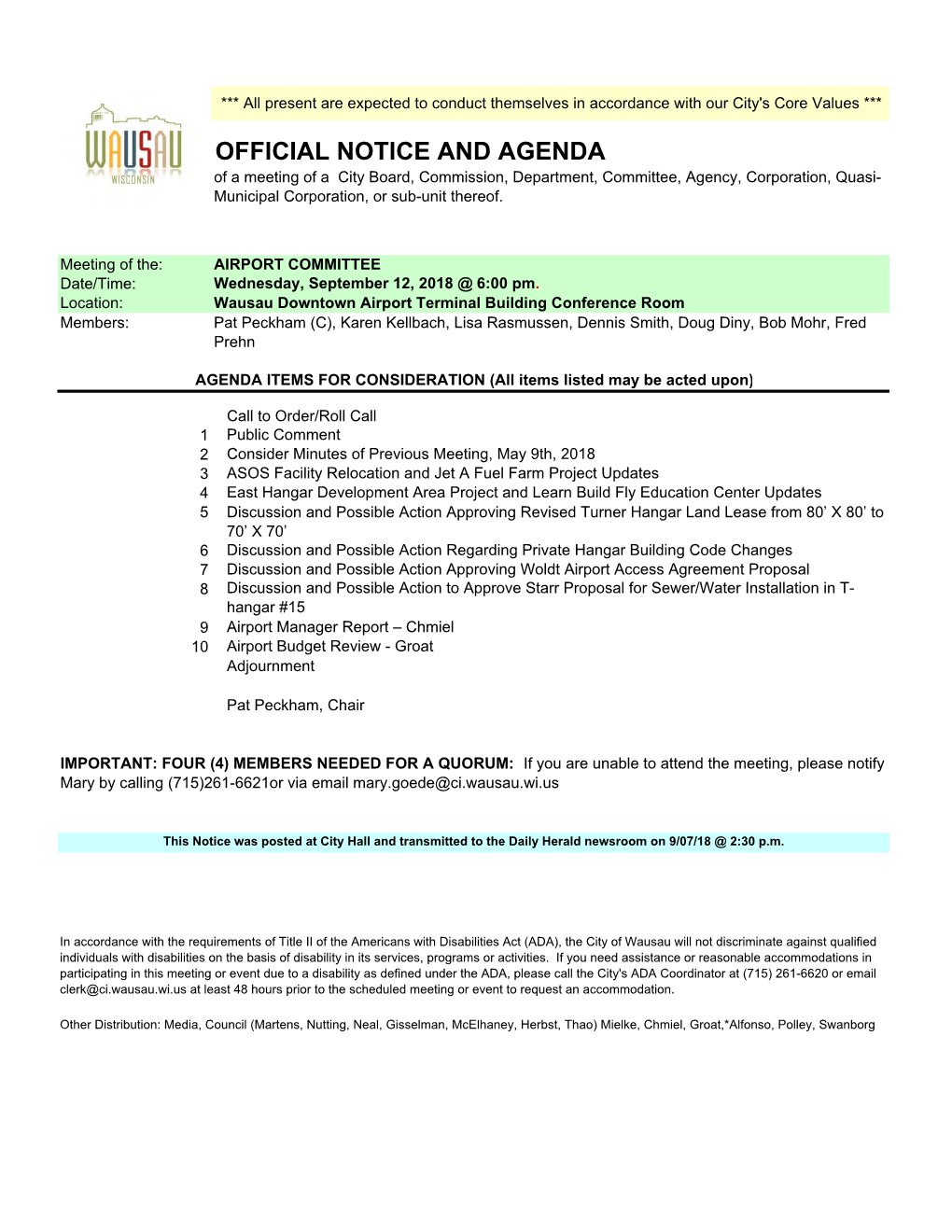 AIRPORT COMMITTEE Date/Time: Wednesday, September 12, 2018 @ 6:00 Pm