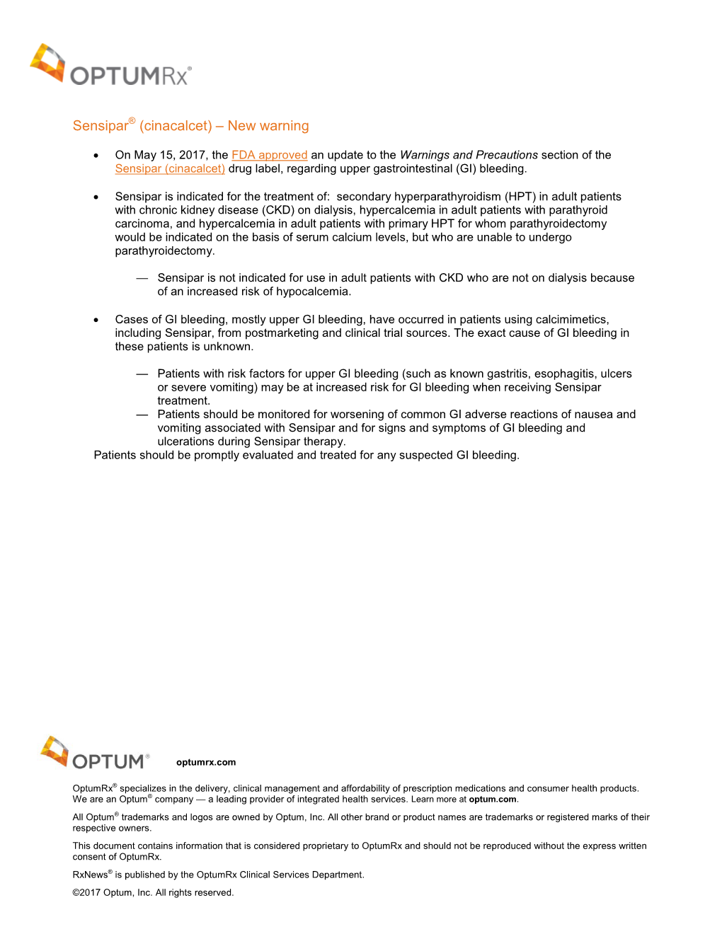 Sensipar (Cinacalcet) Drug Label, Regarding Upper Gastrointestinal (GI) Bleeding