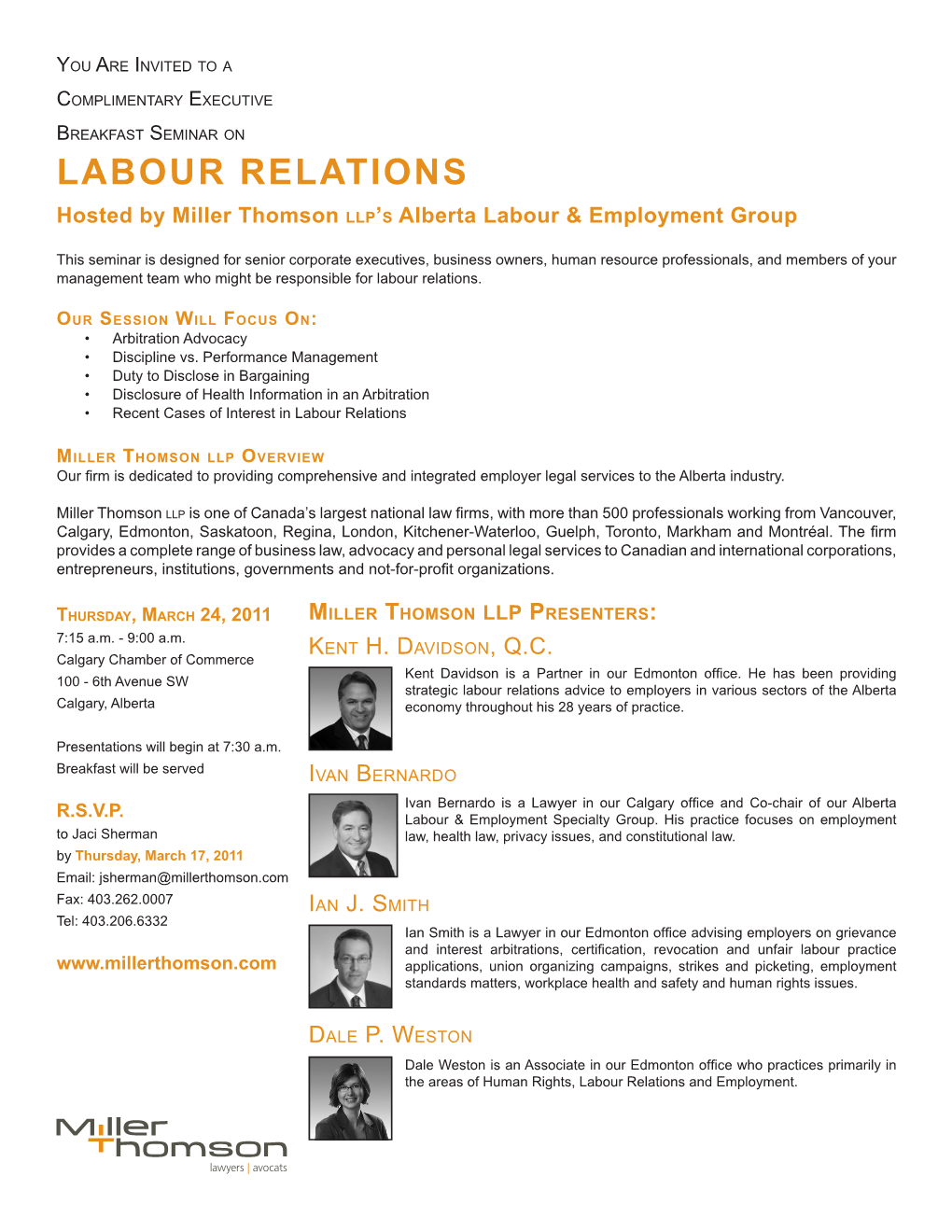 LABOUR RELATIONS Hosted by Miller Thomson Llp’S Alberta Labour & Employment Group