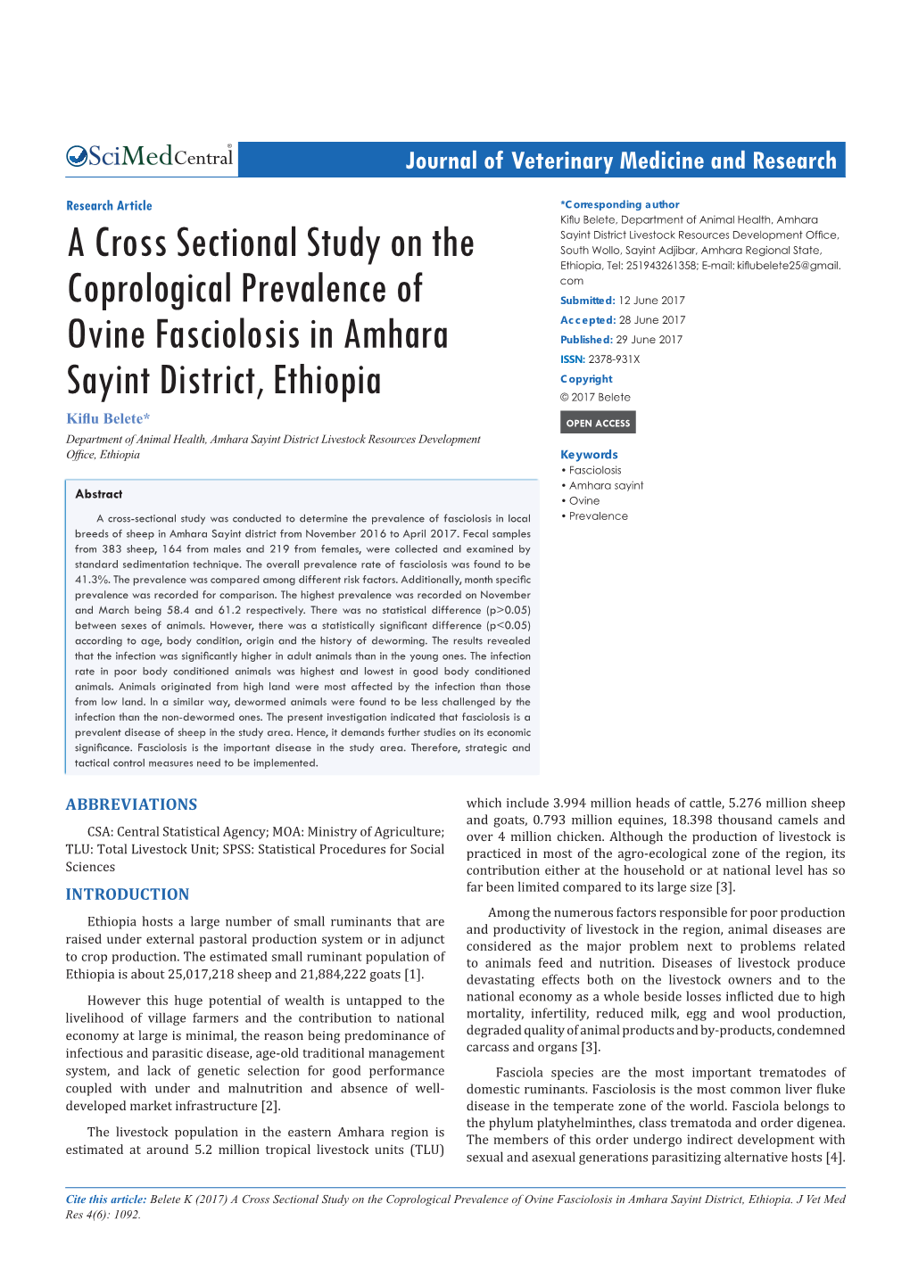 A Cross Sectional Study on the Coprological Prevalence of Ovine Fasciolosis in Amhara Sayint District, Ethiopia