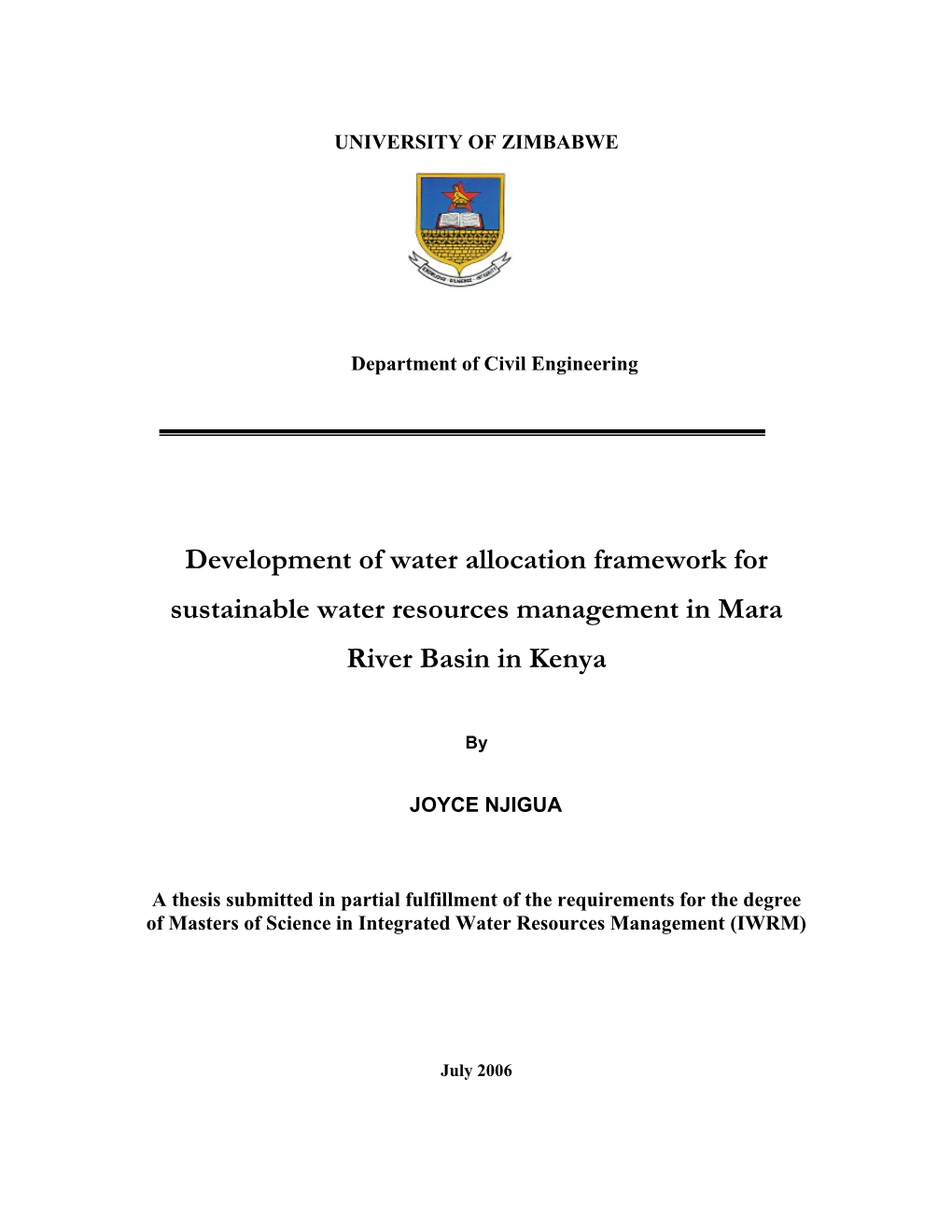 Development of Water Allocation Framework for Sustainable Water Resources Management in Mara River Basin in Kenya