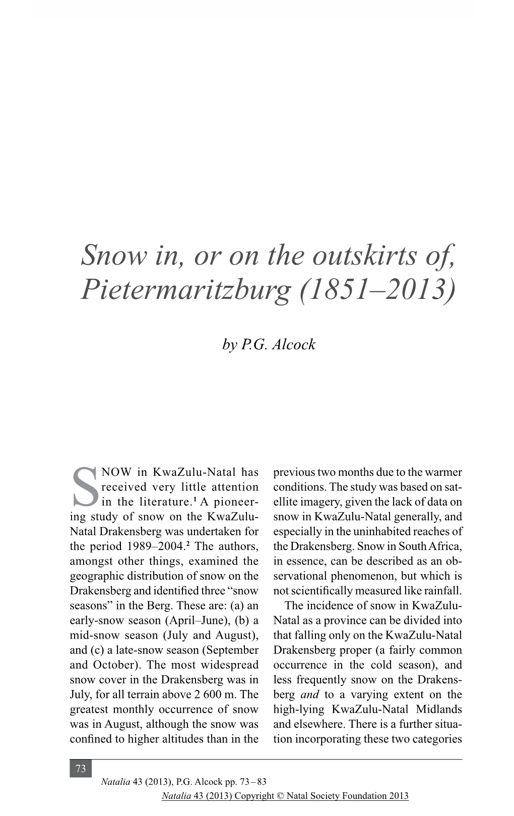 Snow In, Or on the Outskirts Of, Pietermaritzburg (1851–2013)
