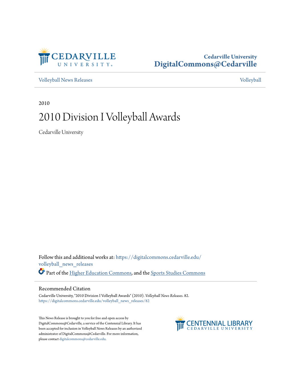 2010 Division I Volleyball Awards Cedarville University