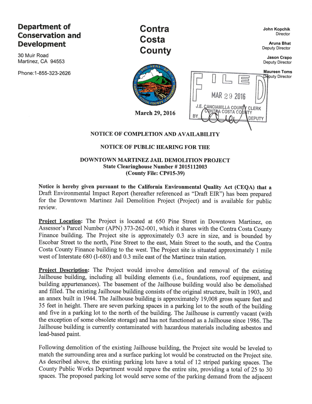 Environmental Impact Report for the Downtown Martinez Jail Demolition Project