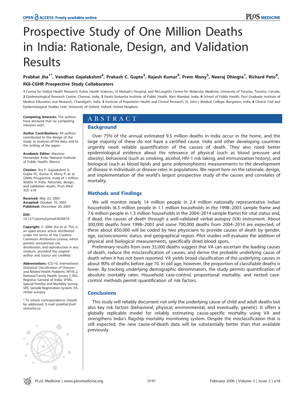 Prospective Study of 1 Million Deaths in India: Rationale, Design, And