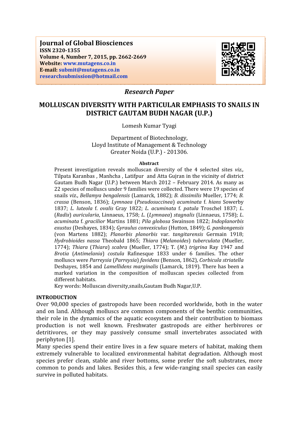 Research Paper MOLLUSCAN DIVERSITY with PARTICULAR EMPHASIS to SNAILS in DISTRICT GAUTAM BUDH NAGAR (U.P.)