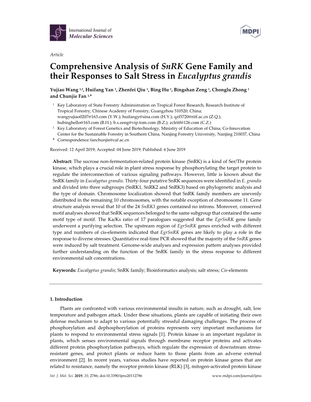 Comprehensive Analysis of Snrk Gene Family and Their Responses to Salt Stress in Eucalyptus Grandis