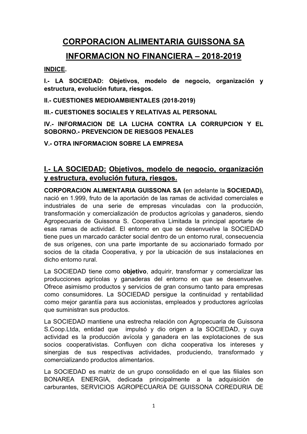 Corporacion Alimentaria Guissona Sa Informacion No Financiera – 2018-2019 Indice