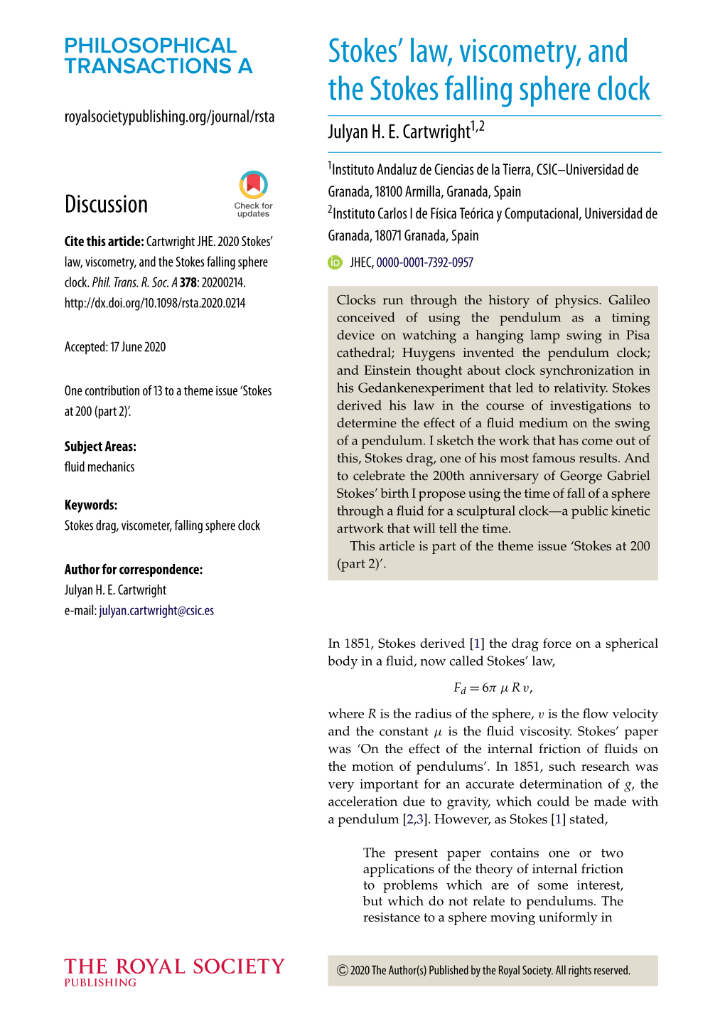 Stokes' Law, Viscometry, and the Stokes Falling Sphere Clock