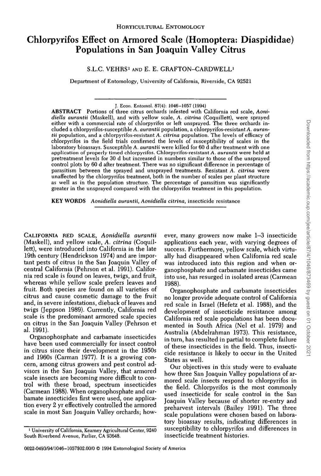 Chlorpyrifos Effect on Armored Scale (Homoptera: Diaspididae) Populations in San Joaquin Valley Citrus