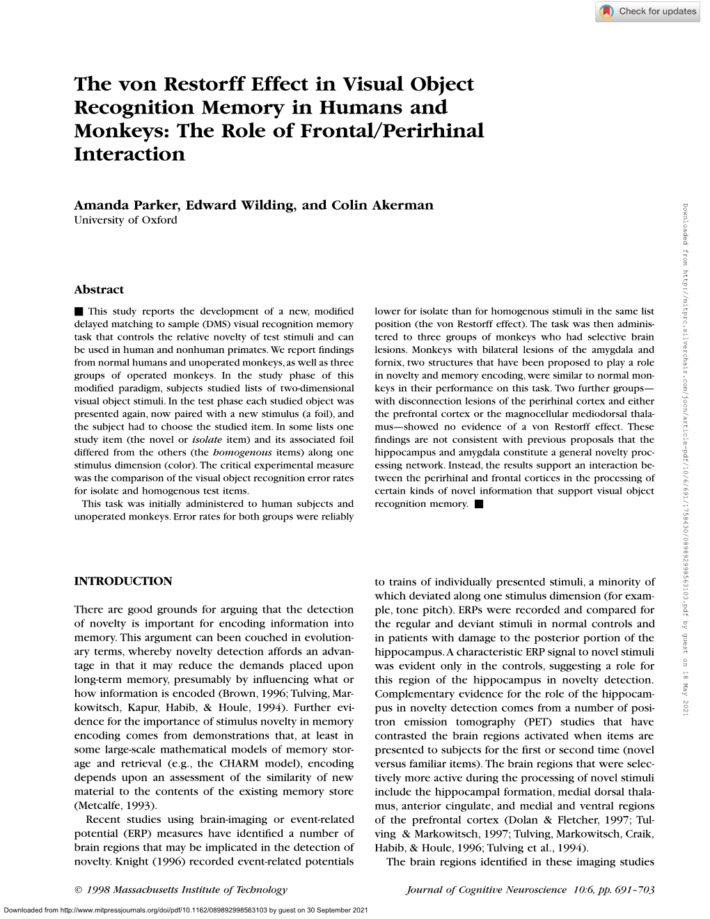 The Von Restorff Effect in Visual Object Recognition Memory in Humans and Monkeys: the Role of Frontal/Perirhinal Interaction