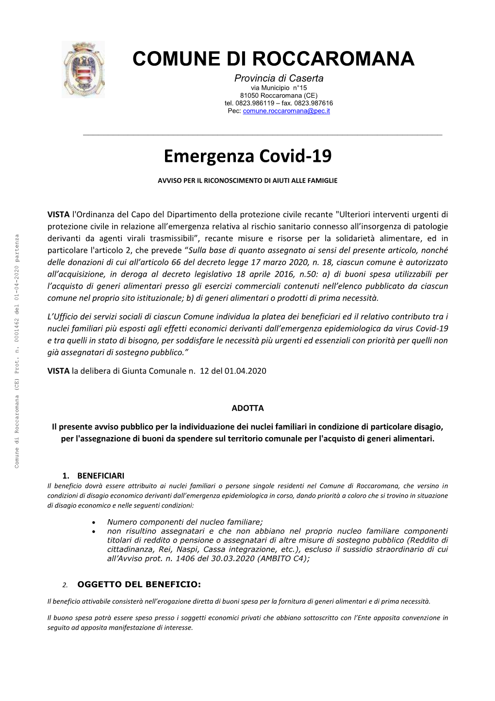 COMUNE DI ROCCAROMANA Emergenza Covid-19