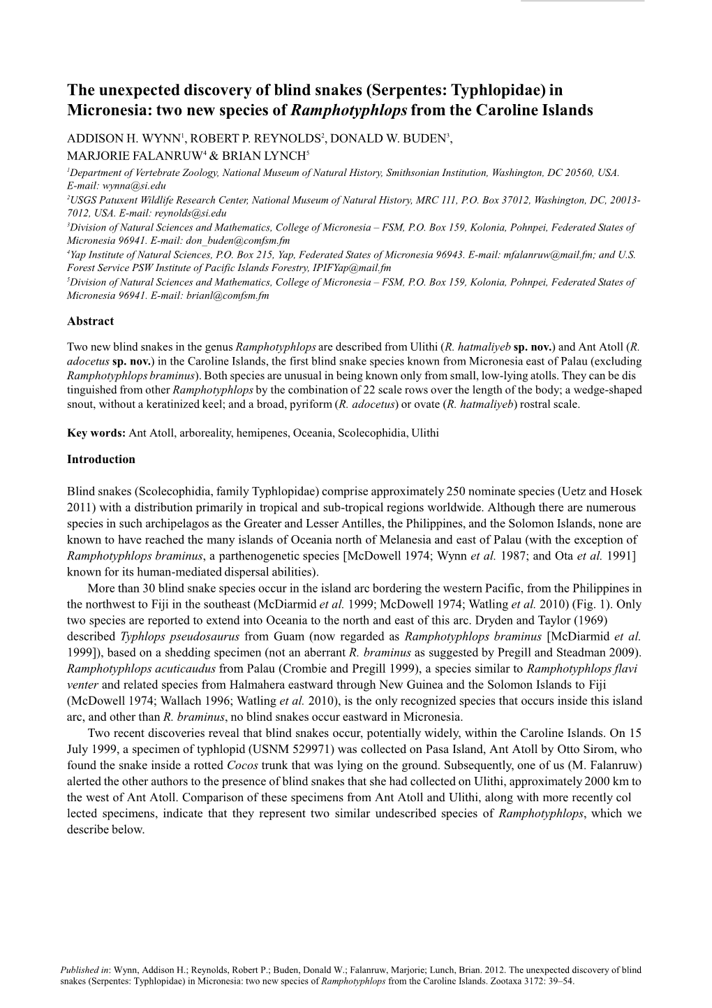 The Unexpected Discovery of Blind Snakes (Serpentes: Typhlopidae) in Micronesia: Two New Species of Ramphotyphlops from the Caroline Islands