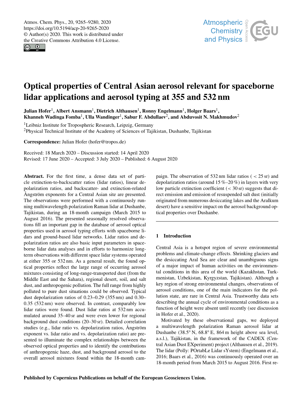 Optical Properties of Central Asian Aerosol Relevant for Spaceborne Lidar Applications and Aerosol Typing at 355 and 532 Nm