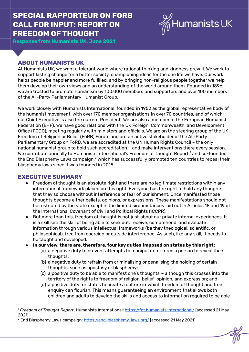 2021 06 02 RTR Humanists UK Response to Freedom of Thought