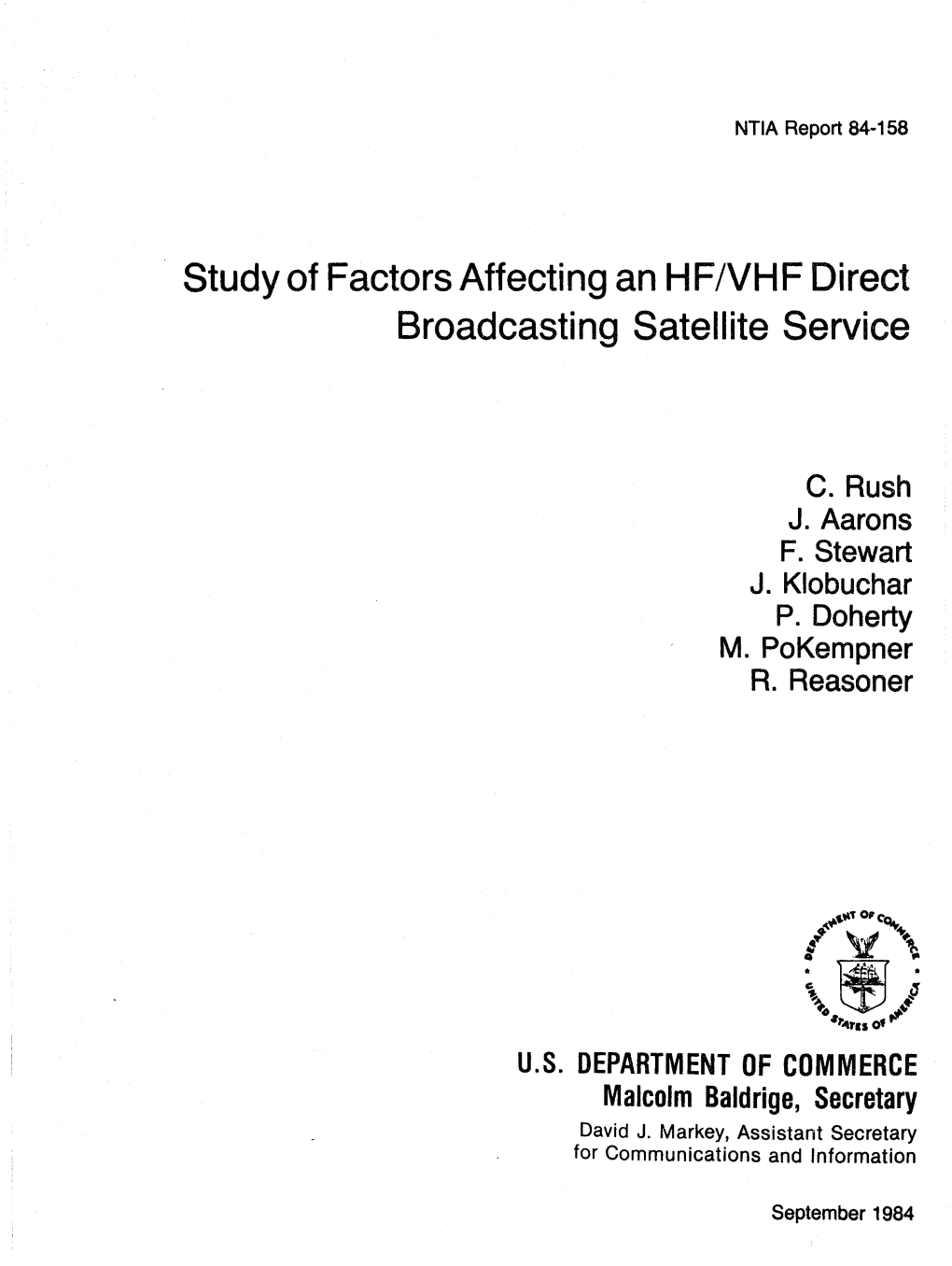 NTIA Technical Report TR-84-158 Study of Factors Affecting an HF