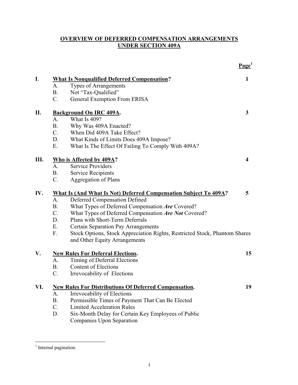 I OVERVIEW of DEFERRED COMPENSATION